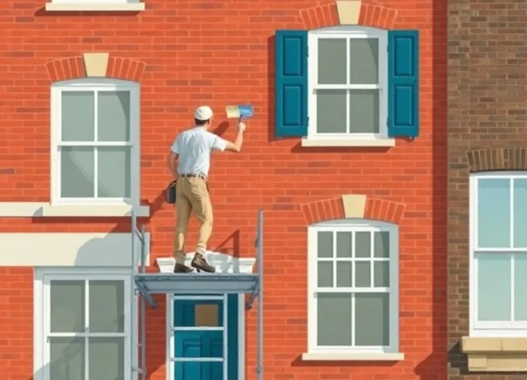Peintre sur échafaudage traitant la façade d'une maison